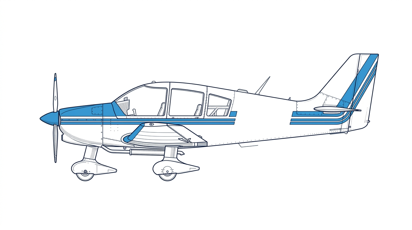 Dessin technique d’un Robin DR400, vue de profil, traits bleu marine et aplats bleu ciel